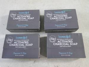 lot 78 image: (BSB) 4 Bars BeMindFul Peppermint and Sage Naturally Exfoliating Activated Charcoal Soap for Face and Body - 4.2 oz per bar. Enviromental Friendly