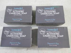 lot 79 image: (BSB) 4 Bars BeMindFul Peppermint and Sage Naturally Exfoliating Activated Charcoal Soap for Face and Body - 4.2 oz per bar. Enviromental Friendly