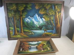 lot 84 image: (EW1) 2 Vintage Framed Black Velvet Paintings - Smaller 22 34 x 13 12  Larger 38 34 x 26 34 and has a tear in fabric approx 5 long. See Photos