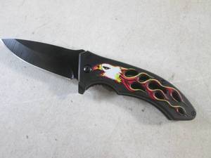 lot 99 image: (CNTR) EagleFlames Design Spring Assist Folding Knife with Belt Clip 8 18 Open  4 34 Closed - New In Box
