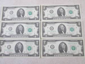 lot 124 image: (CNTR) 6 Uncirculated Sequential $2 Bills