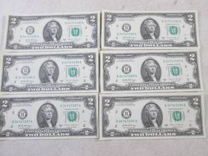 lot 125 image: (CNTR) 6 Uncirculated Sequential $2 Bills