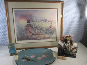 lot 186 image: (A-4) Framed Signed and Numbered Loretta Meyer Silence at Sundown Print 2861000 - 28 18 x 24 14 and Vintage Tilso Japanese Serving Tray Etc