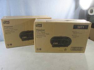 lot 196 image: (G-1) Lot of 2 Tork Jumbo Roll Twin Bath Tissue Dispensers in SmokeGray