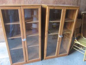 lot 204 image: (UD-1) 2 Shelves with Glass Door Fronts - One Needs Back NailedStapled Back On, Wobbles - 53 H x 30 W x 16 D