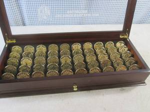 lot 212 image: (CNTR) NFL The Super Bowl Flip Coin Collection in Wood Glass Top Display Box 19 34 x 8 x 3 18