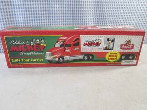 lot 230 image: (C-4) Celebrate Mickey Coca-Cola 2004 Tour Carrier Truck Including Mickey Statue - Realistic Horn and Engine Sounds with Working Lights in Box