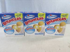 lot 347 image: (B-3) 3 Boxes Hostess Bouncers Bite Size Glazed Twinkie Mini Cakes Best by Dec 2023