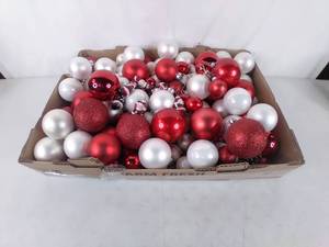 lot 249 image: Box of Assorted White and Red Christmas Balls and Tiny Santa Ornaments