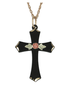 lot 7 image: NEW Black Hills Gold Black Metal Cross with Rose Pendant Necklace