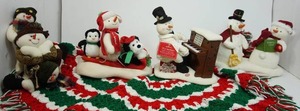 Hallmark Plush Animated Jingle Pals 2003 Mr. and Mrs. Snowman Caroling, 2005 Piano Playing Snowman, 2007 Snow What Fun Sledders Snowman Penguin Puppy, Crocheted Christmas Tree Skirt Etc.