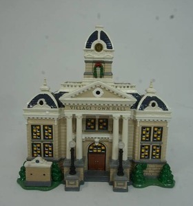 lot 63 image: Department 56 The Original Snow Village Collection Town Hall with FLAGS Etc. #56.55044 Year 2000
