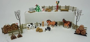 lot 100 image: Department 56 The Original Snow Village Collection Accessory Horse Pig Cow Rooster Log Pile Fence Trees Etc.