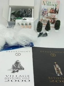 lot 104 image: Dept. 56 Snow Village Collection Accessory Bottlebrush Sisal Pine Trees Evergreens, Angel Hair, Village History List Booklet 2000(2), D-TAILS ServingVillage Enthusiasts POPS Reference Source and Secondary Market Capide Book, Potted Spruce Tops NIB