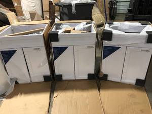 Lot of Glacier Bay All-in 1-Stainless Steel 24.1 in. x 21.3 in. Particle Board Drop-In Laundry Sink with Faucet and White Storage Cabinet Customer Returns See Pictures