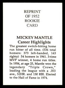 lot 7 image: 1952 Topps Mickey Mantle Rookie Card REPRINT from the 1980s