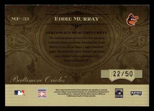lot 17 image: 2005 Absolute Memorabilia Eddie Murray Bat & Jersey Card Serial #2250