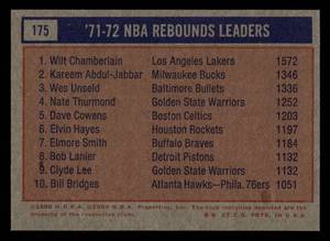 lot 20 image: 1972 Topps NBA Rebounds Leaders Chamberlain, Abdul-Jabbar, & Unseld #175