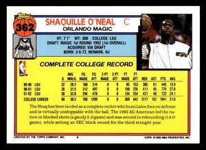 lot 37 image: 1992 Topps Shaquille ONeal Rookie Card #362
