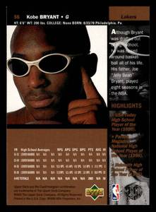 lot 39 image: 1996 Upper Deck Kobe Bryant Rookie Card #58