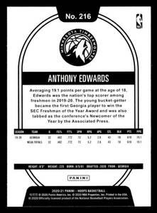 lot 42 image: 2020 NBA Hoops Anthony Edwards Rookie Card #216