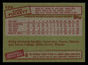 lot 78 image: 1985 Topps Kirby Puckett Rookie Card #536