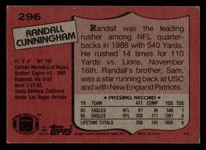 lot 91 image: 1987 Topps Randall Cunningham Rookie Card #296