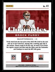 lot 115 image: 2022 Chronicles Blue Brock Purdy Rookie Card #41