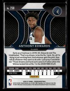 lot 135 image: 2020 Prizm Anthony Edwards Rookie Card #258
