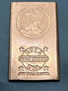 lot 29 image: 2012 Half Pound .999 Investment Grade Copper Bar