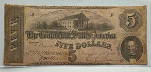 lot 38 image: 1862 Confederate $5 Bill (great shape)