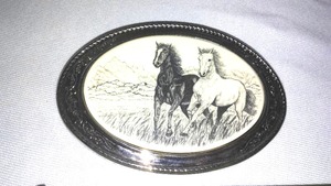 lot 62 image: Belt Buckle, Horses, Finely Etched. Barlow