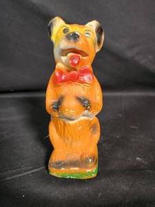 lot 15 image: Vintage Chalkware Dog with Bowtie and Ball Figure