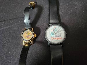 lot 50 image: Ladies Mickey Mouse Watch with Black Leather Band and 25th Anniversary Watch
