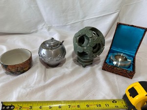 lot 176 image: Vintage Chinese Jade Magic Ball, Dragon Saki Pot, Decorative Ashtray, and Bowl