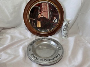 lot 177 image: Anniversary Set - The Marriage Norman Rockwell Framed Plate, Worlds Greatest Parents Silver Plated Anniversary Plate and Silver Anniversary Vase