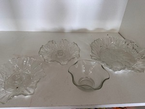 lot 204 image: Variety of Vintage Glass Serving Pieces and Ruffled Edge Candlestick Holders