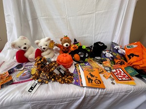 lot 123 image: Variety of Halloween Decoration, Gifts, Stickers, Headbands, Stuffed Toys, Hand Towels and Two Valentines Stuffed Bears