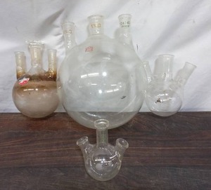 Collection of 4 Pyrex 3 Neck Round Bottom Flasks