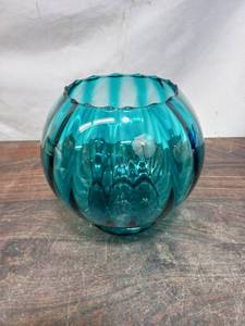 Vintage Empoli Teal Ribbed Glass Vase