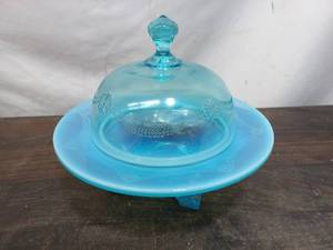 Antique Jefferson Blue Opalescent Glass Covered Butter Dish
