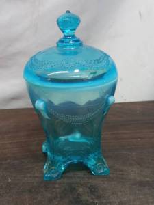 Antique Jefferson Blue Opalescent Glass Covered Sugar Bowl