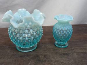 Pair of Vintage Blue Opalescent Hobnail Glass Vases