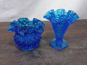 Pair of Blue Hobnail Glass Vases