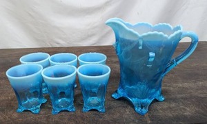Jefferson Glass Co. EAPG Blue Opalescent Water Pitcher Set