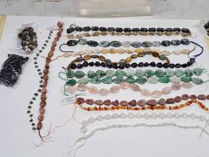 lot 18 image: Gemstone Bead Mix #4 Beads on a 16 inch string for jewelry making. Includes 16 strands of various Jasper, Agate, Jade, calcite, Aquamarine, Chrysocolla, Quartz, Opal, Amethyst and rose quartz.