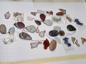 lot 36 image: Gemstone Bead Mix #22 33 Pendants for jewelry making Various Jasper, obsidian, jade, Aquamarine and Opal