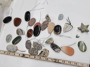 lot 34 image: Gemstone Bead Mix #20 26 Pendants for jewelry making Various Jasper, obsidian, jade, Aquamarine and Opal