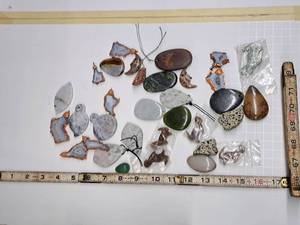 lot 35 image: Gemstone Bead Mix #21 33 Pendants for jewelry making Various Jasper, obsidian, jade, Aquamarine and Opal