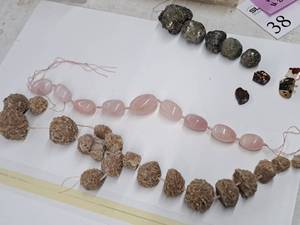 lot 38 image: Gemstone Bead Mix #24 3 Strands of Large beads. Rose quartz, Pyrite and Desert Rose